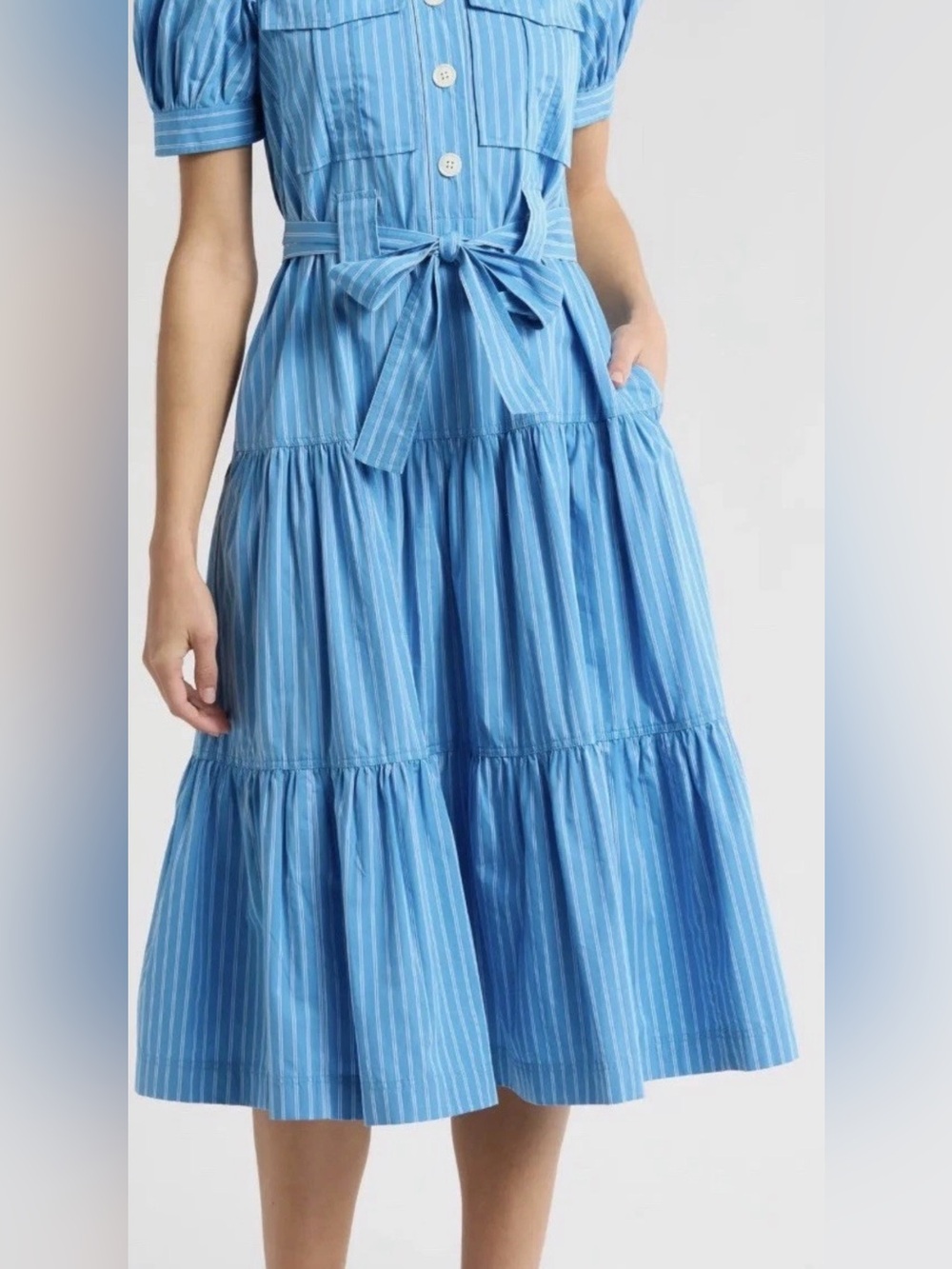 Derek Lam Light Blue Striped Tiered Midi dress
